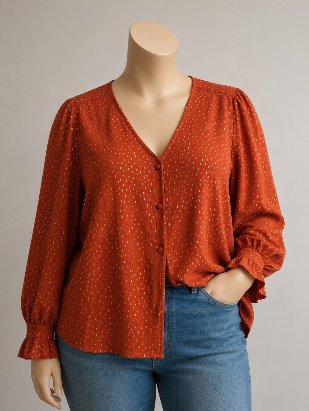 Emily Daniels Rust Orange Gold Metallic Dot V-Neck Blouse Long Sleeve Size [1X]